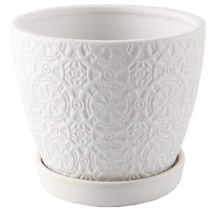 5.5 in. Chrysanthemum Small White Textured Ceramic Pot with Attached Saucer